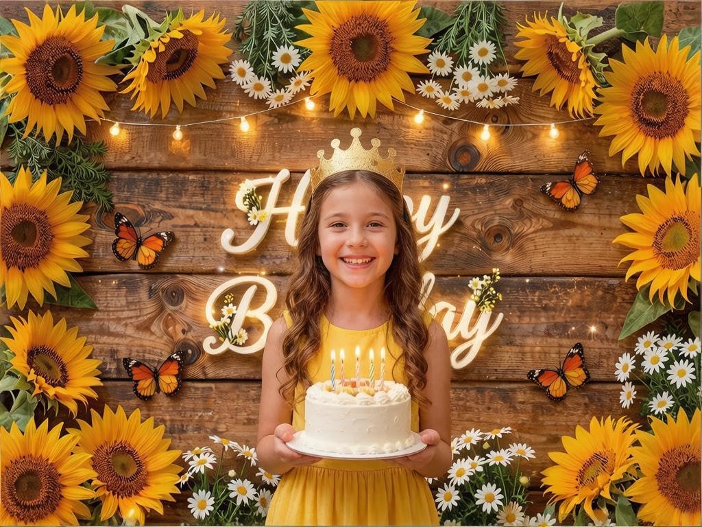 Happy Birthday Photography Backdrop Yellow Sunflower Butterfly Themed Party Background Photo Props Rustic Wood Floor Decorations Supplies Banner (8x6 FT)