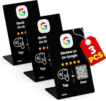 Google Review Stand 3 PCS- Boost Reviews w/ 3x4 inch Reusable Google Review Tap Card Stand & QR Code Stand -No App,No Subscription- Android & iPhone Compatible- Google Reviews Made Easy