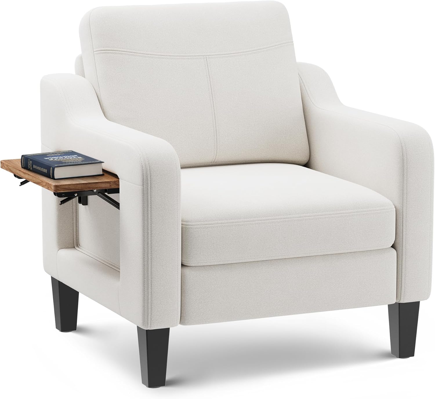 Accent Chair for Living Room Modern Linen Upholstered Armchair Side Wooden Fabric Sofa Chair with Foldable Table 2 Side Pockets Comfy Reading Chair for Bedroom