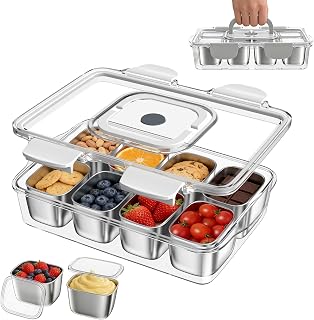 Snackbox Edelstahl mit 8 Fächern, Tragbar & Auslaufsicher Snackteller mit Deckel für Snacks, Süßigkeiten, Nüsse und Obst, Snackbox Spülmaschinenfest für Picknicks, Partys und den Alltag