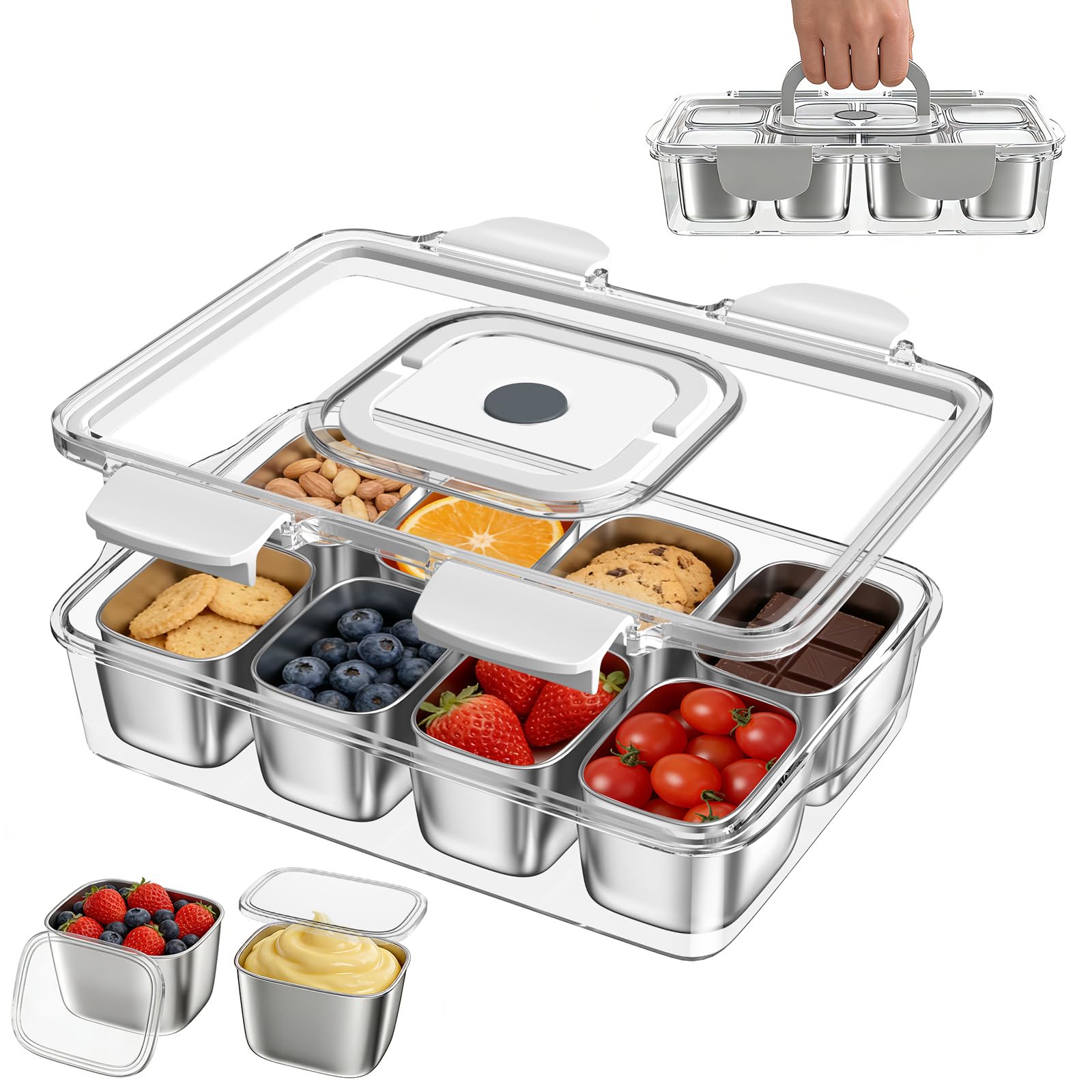 Snackbox Edelstahl mit 8 Fächern, Tragbar & Auslaufsicher Snackteller mit Deckel für Snacks, Süßigkeiten, Nüsse und Obst, Snackbox Spülmaschinenfest für Picknicks, Partys und den Alltag