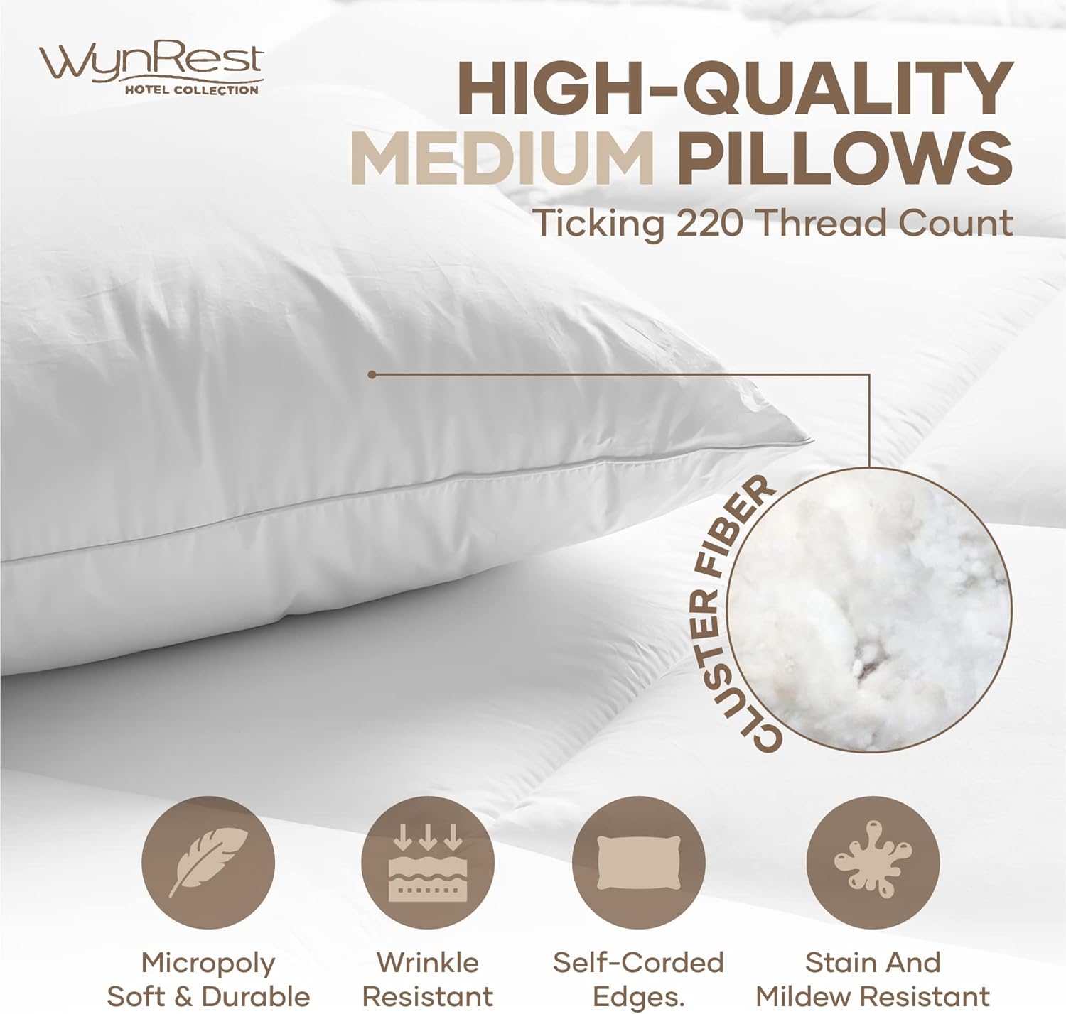 Wynrest Cluster Pillow Queen 20×30 Almohada suave mediana de hotel 100