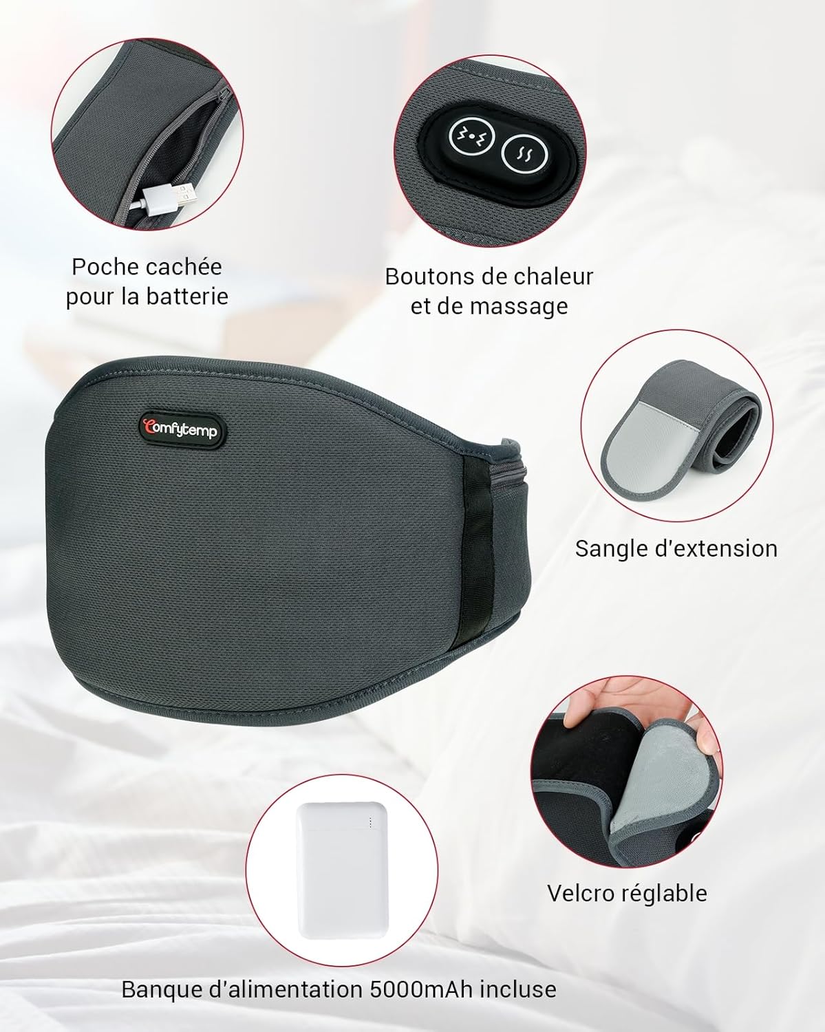 Comfytemp Lumbar Heating Belt components: hidden battery pocket, heat and massage buttons, extension strap, adjustable Velcro, and included 5000mAh power bank.