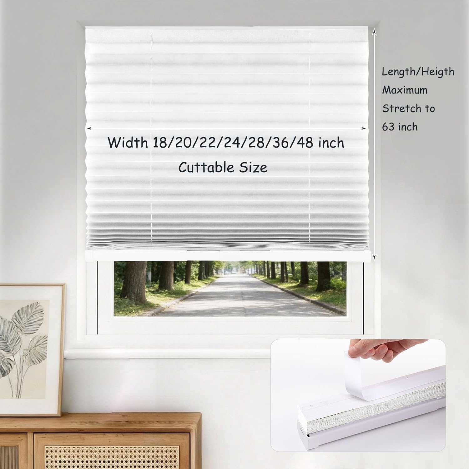 Jlong Pleated Blinds for Indoor Window No Drill White 1 Pack 24" W x 63" H