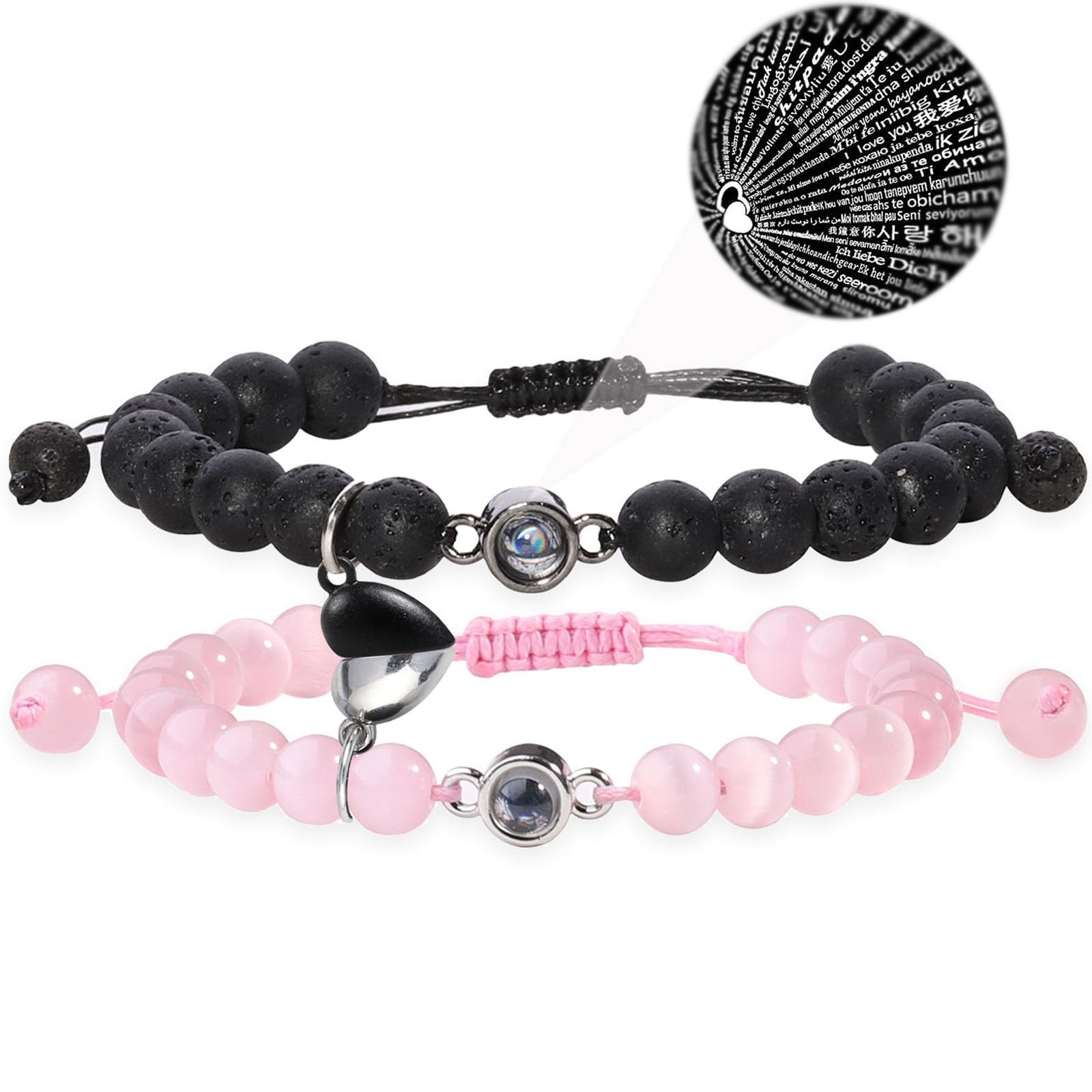 2 Pcs Magnetic Couple Bracelets Matching Heart Charms Adjustable Relationship Distance Connecting Bracelets, Two-Wire Strong Couples Friendship Bracelet Beads Valentines Day Gifts for His and Her