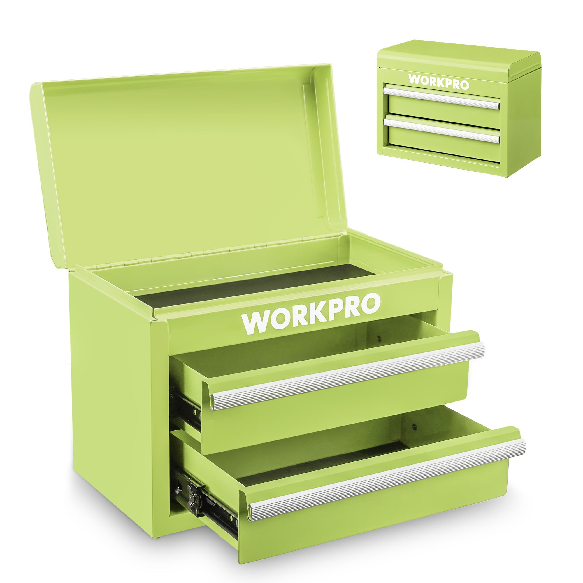 WORKPRO Caja de Herramientas Metálica con 2 Cajones, Organizador Pequeño | con Cerradura, Ideal para Guardar Herramientas, Material de Oficina, Joyería y Accesorios en Hogar o Taller - Verde Macaron