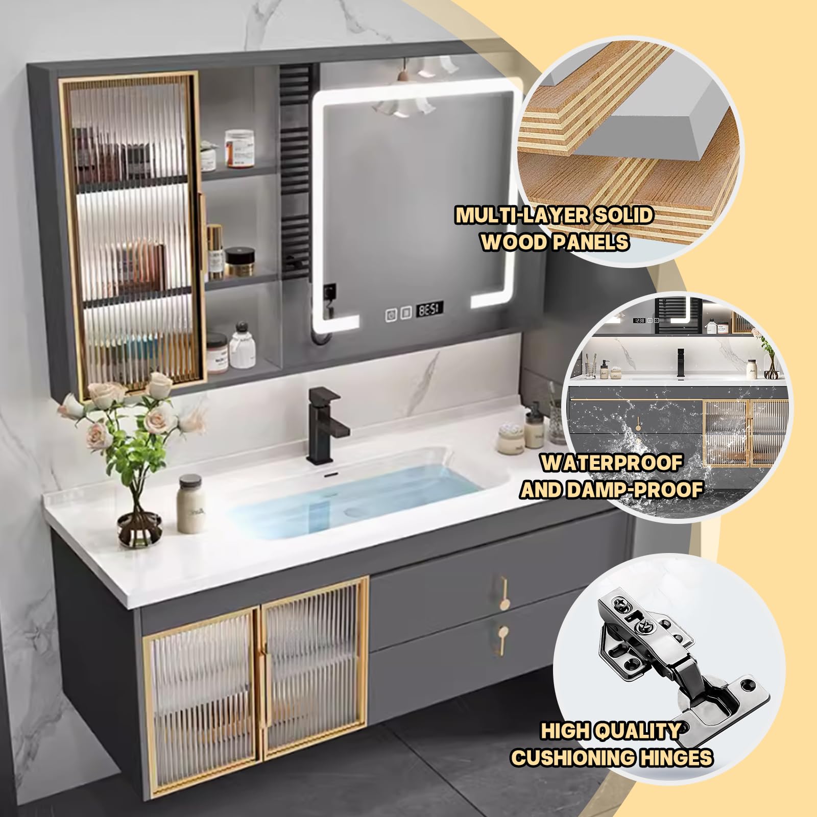 91,4 cm schwimmender Badezimmer-Waschtisch mit Waschbecken, Smart LED Defog Spiegel, Ambient Light Strip, mehrschichtiges Massivholz, modernes weißes Design, stilvolle Aufbewahrungslösung für Zuhause