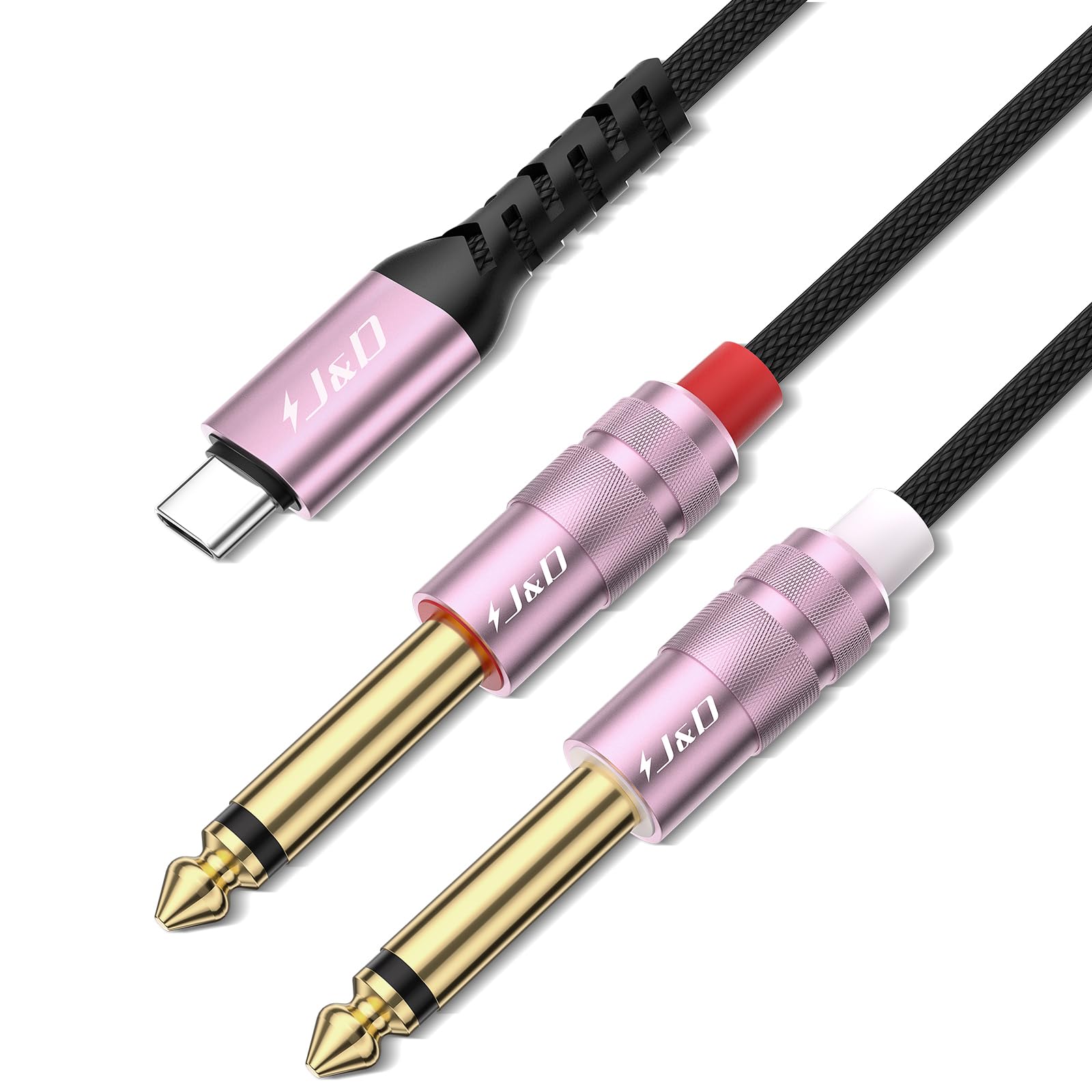 J&D Cavo Audio USB C a 1/4 pollice, Cavo USB Tipo C a Doppio 6,35 mm TS Aux Y Splitter per Smartphone, Tablet e così via, Compatibile con iPhone Serie 16/17, Galaxy S25/S24, Oro Rosa, 2,4 m