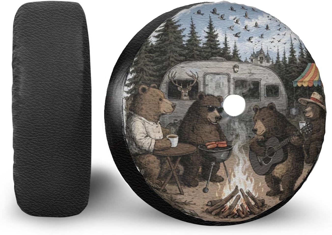 17 inch Funny Bear FamilyCamping Leather Spare Tire Cover with Camera Hole, Waterproof Wheel Cover Dustproof UV Resistant Tire Protector for RV Trailer SUV Universal Fit image 2