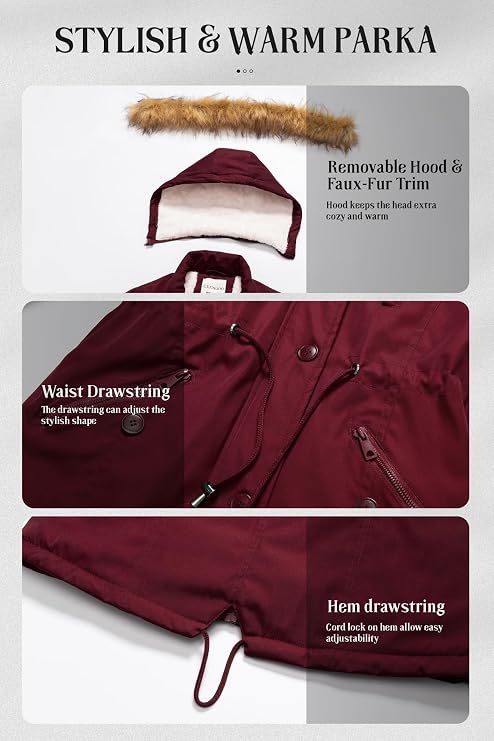 Chrisuno Women's Mid-Length Military Parka Winter Outerwear Insulated Jacket Soft Fleece Snow Faux Fur Coat