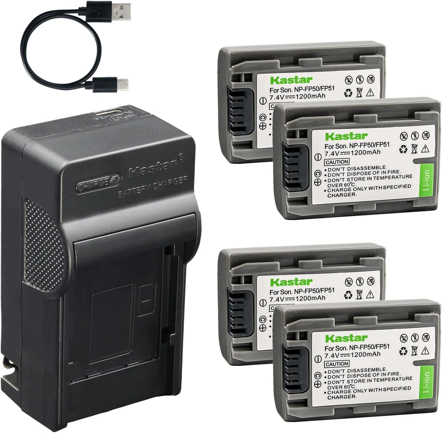 Kastar 4-Pack Battery and AC & USB-C Charger, Compatible with Sony NP-FP30 FP50 FP51 FP60 FP70 FP71 FP90 FP91, for DCR-DVD HC SR Series and HDR-HC3 Camcorders