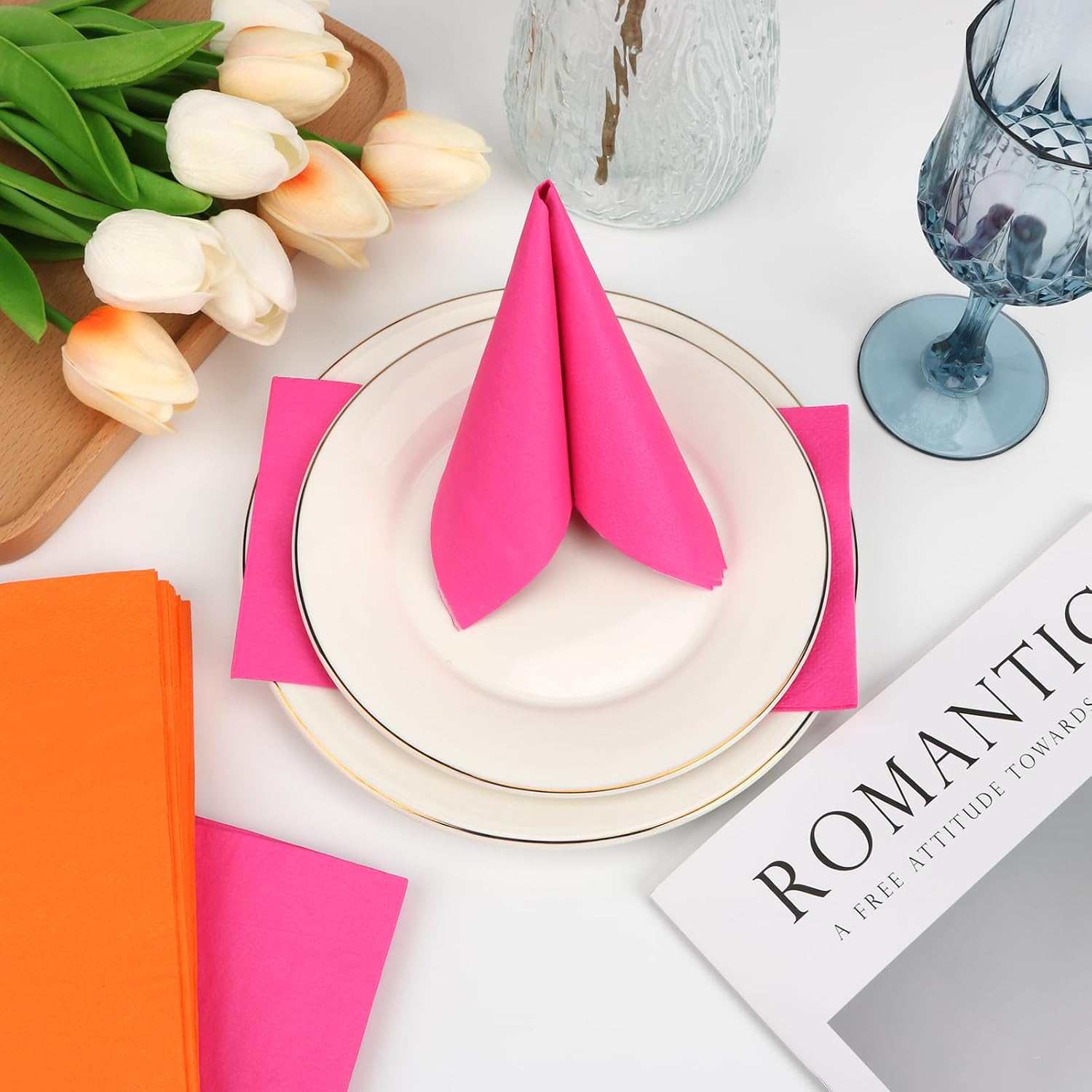 120 Pcs Hot Pink and Orange Napkins Rectangle Sunshine Disposable Paper 4.33 * 7.87 Inch Cocktail Napkins Beverage Pink Luncheon Napkins For Tequila Sunrise Bachelorette Party Weeding Dinner