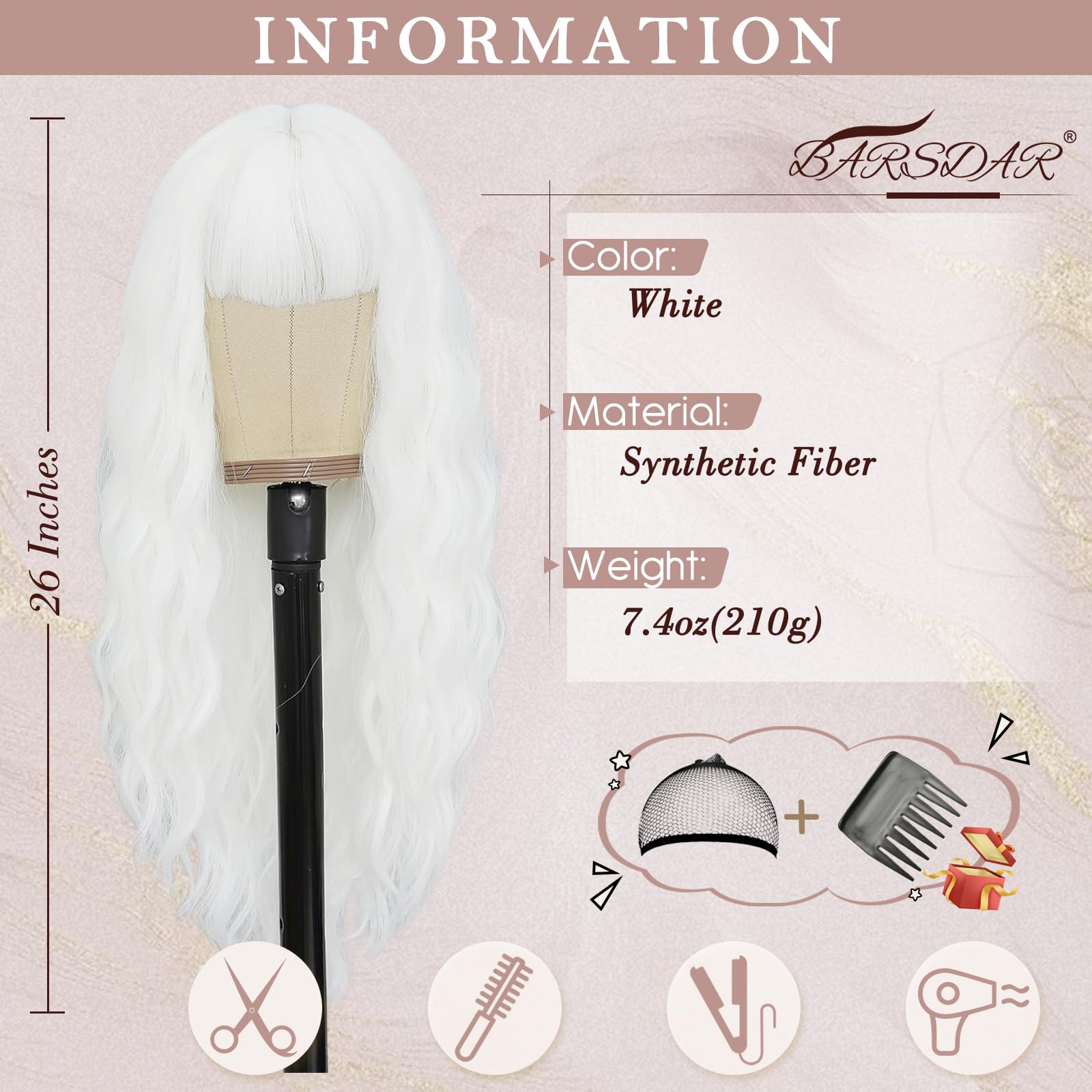 Amazon.com : BARSDAR Long Wavy White Wig with Bangs - 26 
