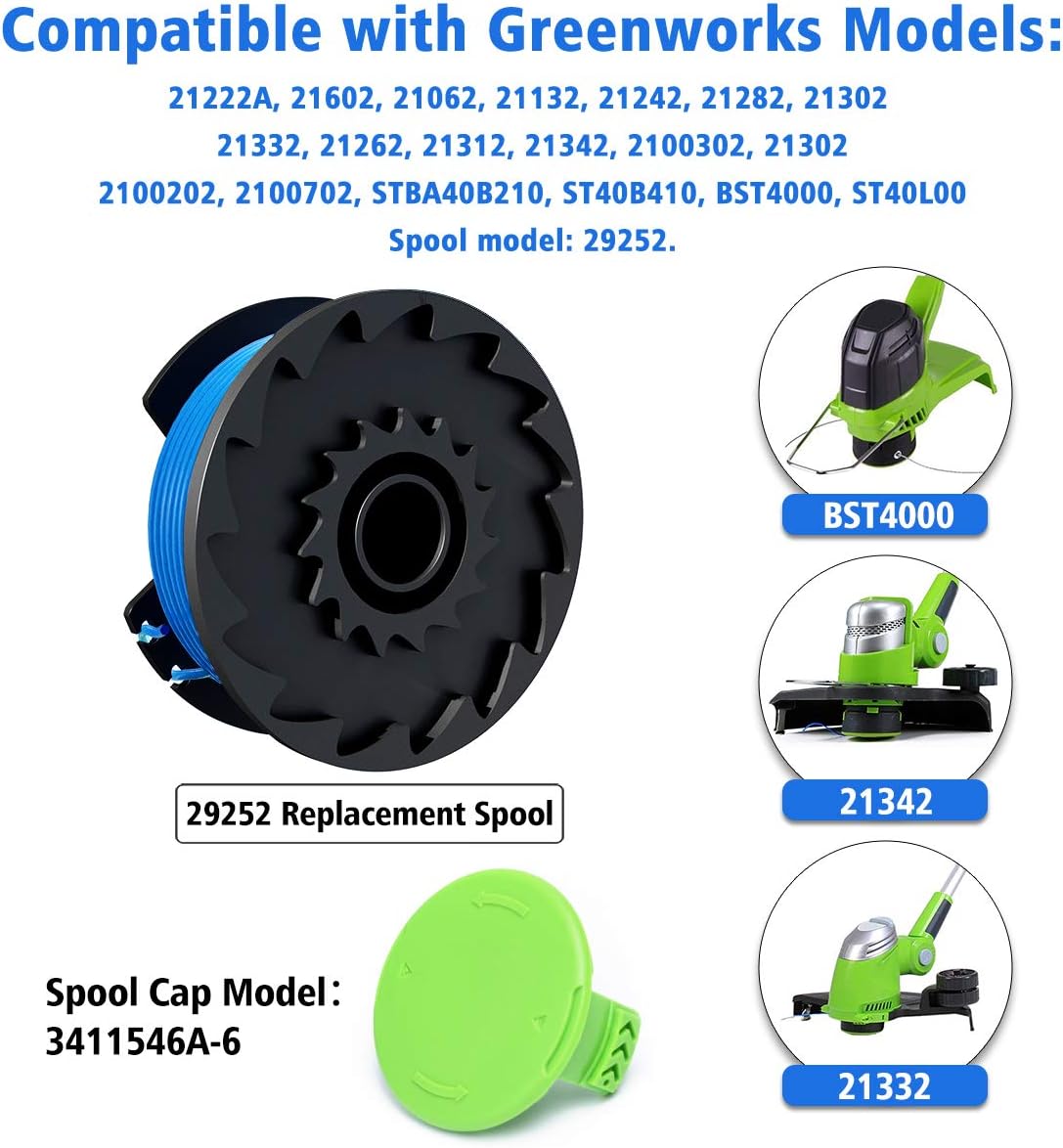 X Home Weed Eater String Replacement for Greenworks Single Line Cordless Trimmers, 6 Spools & 1 Cap