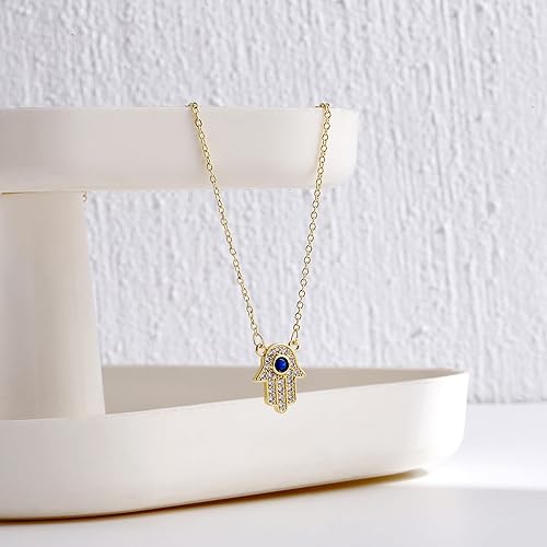Miniatura 4 de ASCOMY Delicado collar con colgante de mano de Hamsa chapado en oro de 18 quilates con circonita cúbica de ojo turco de circonita cúbica, collar de