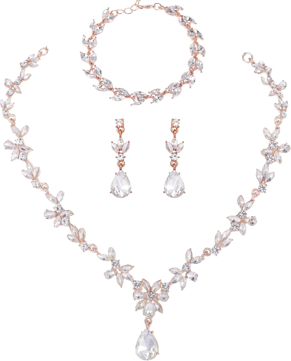 Kamirola Bridal Jewelry Set, Jewelry Set for Women, Necklace Dangle Earrings Bracelet Set, White Gold Plated (TR76)