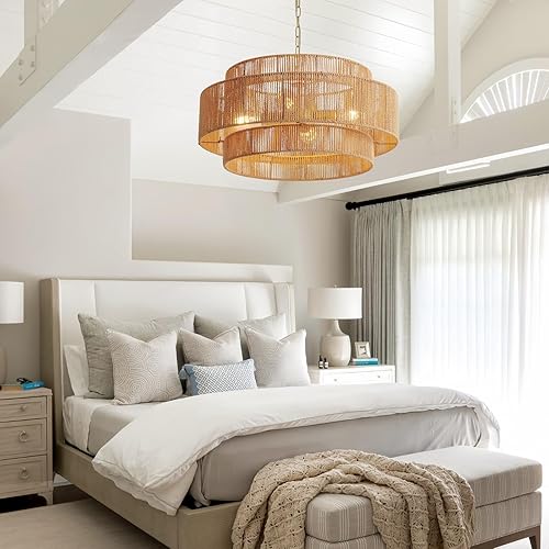 Miniatura 9 de Candelabros grandes de ratán de 3 niveles, luces colgantes de mimbre de 22.8 pulgadas, candelabros bohemios tejidos, accesorio de iluminación de