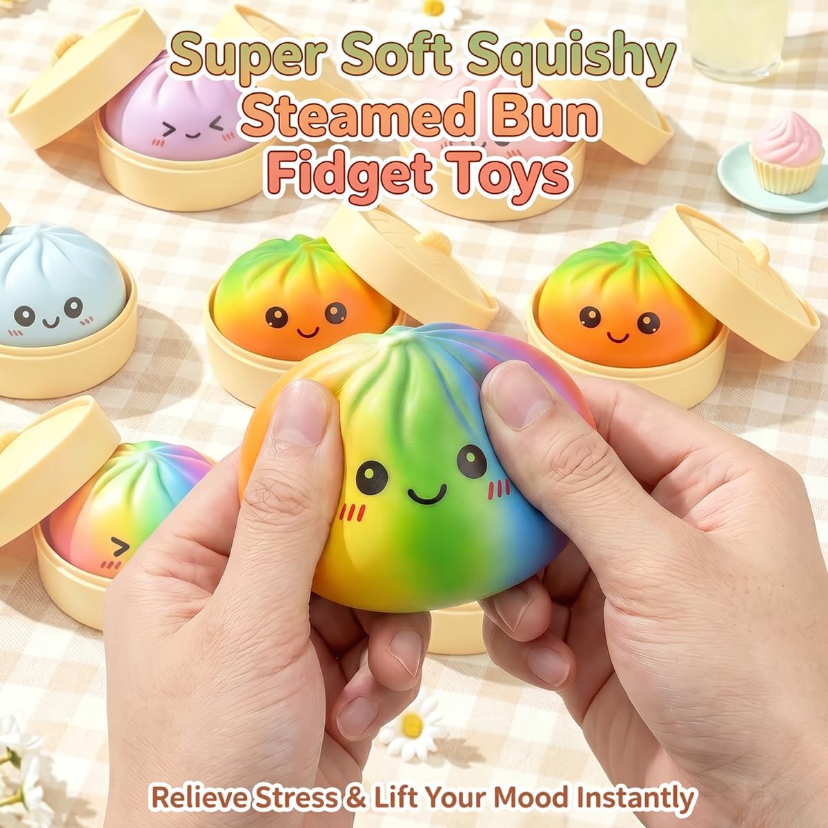 Pink and Blue Dumpling Squishies Stress Balls,Colorful Squeeze Dough Ball Fidget Sensory Toys,Stretchy Hand Desk Toy with Food Steamer for Stress Relief Gift