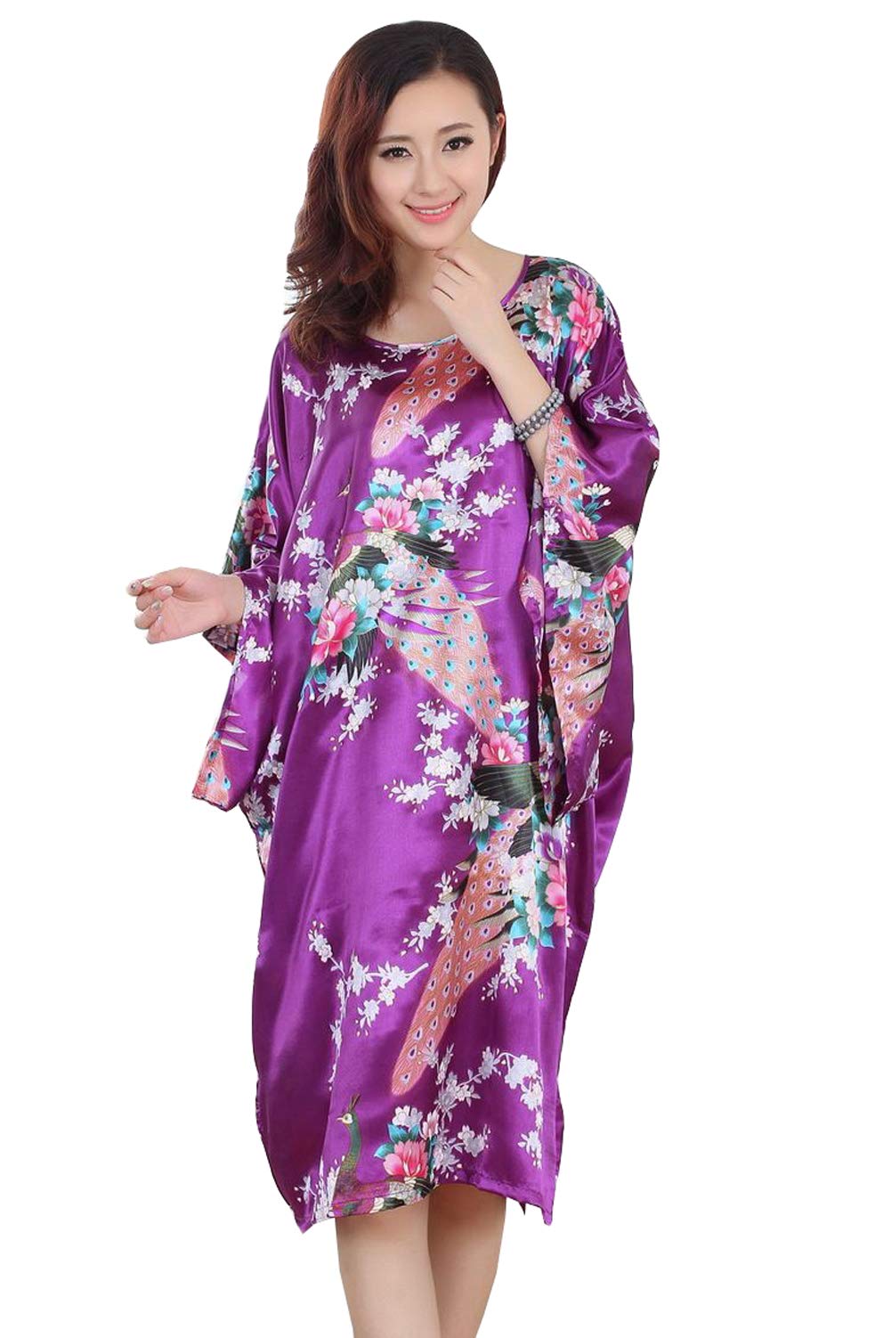 XueXian Women's Flower Printed Satin Nightgown Sleepwear Loose Pullover Bathrobe Kimono Dress Nightdress Homewear (Purple Peacock)