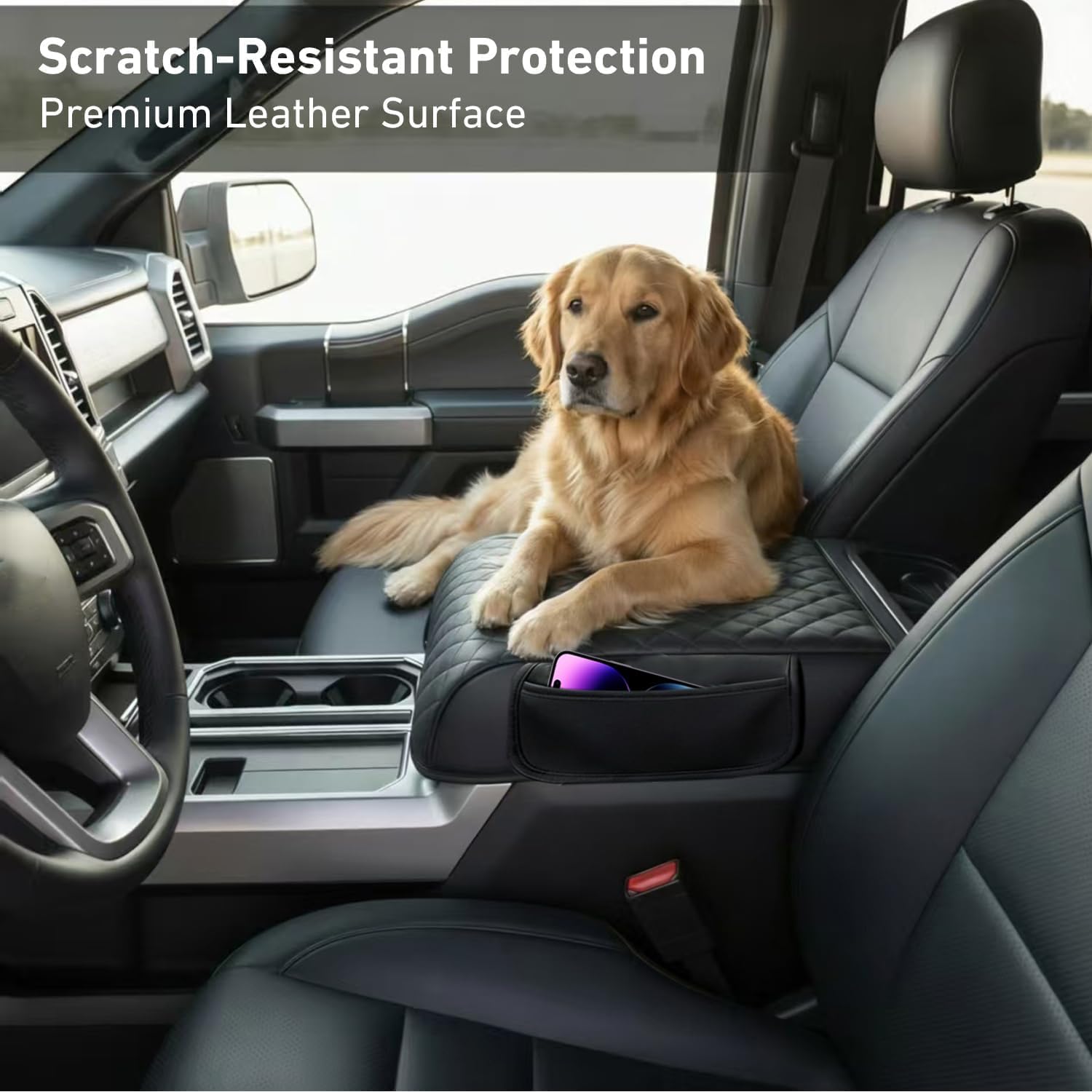 Center Console Armrest Cover with Side Pocket for 2021 2022 2023 2024 2025 2026 Ford F150, Arm Rest Lid Cover Leather Protector, Middle Console Cushion Interior Accessories ( For Bucket Seat Only)