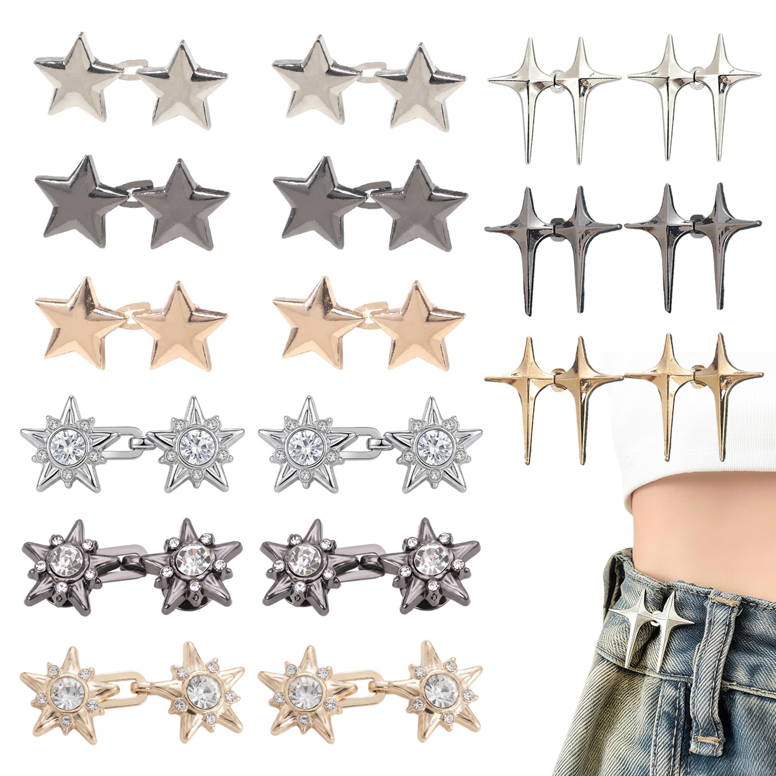 Ruiunchu 18 Pairs Waist Tightener Clips, No Sewing Waist Adjuster, Adjustable Metal Star Waistband Tightener for Loose Pants, Skirts & Trousers, Gap Reducer Tightening Clip