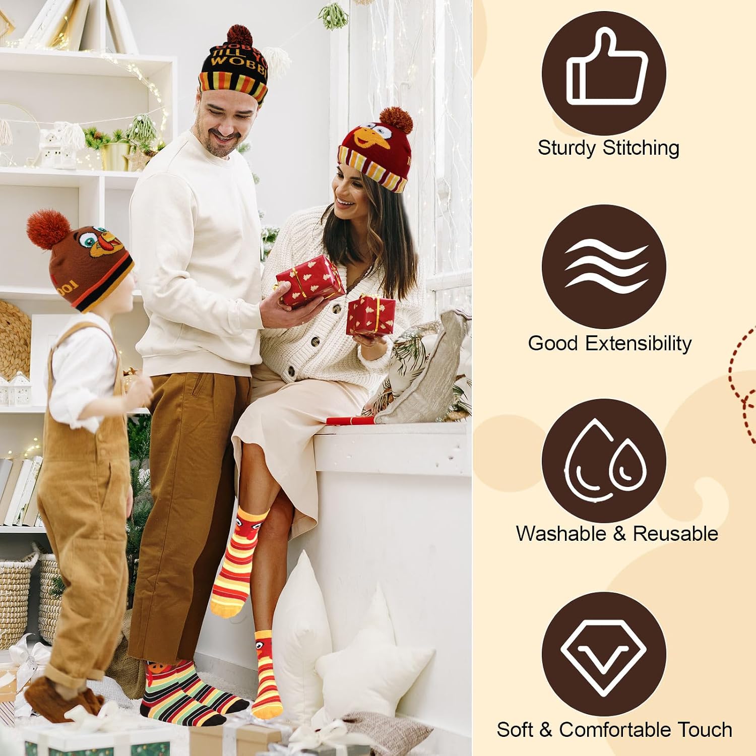 12 Pcs Thanksgiving Turkey Beanie Hats Socks Funny Pom Pom Knitted Mid Calf Socks Caps for Women Men