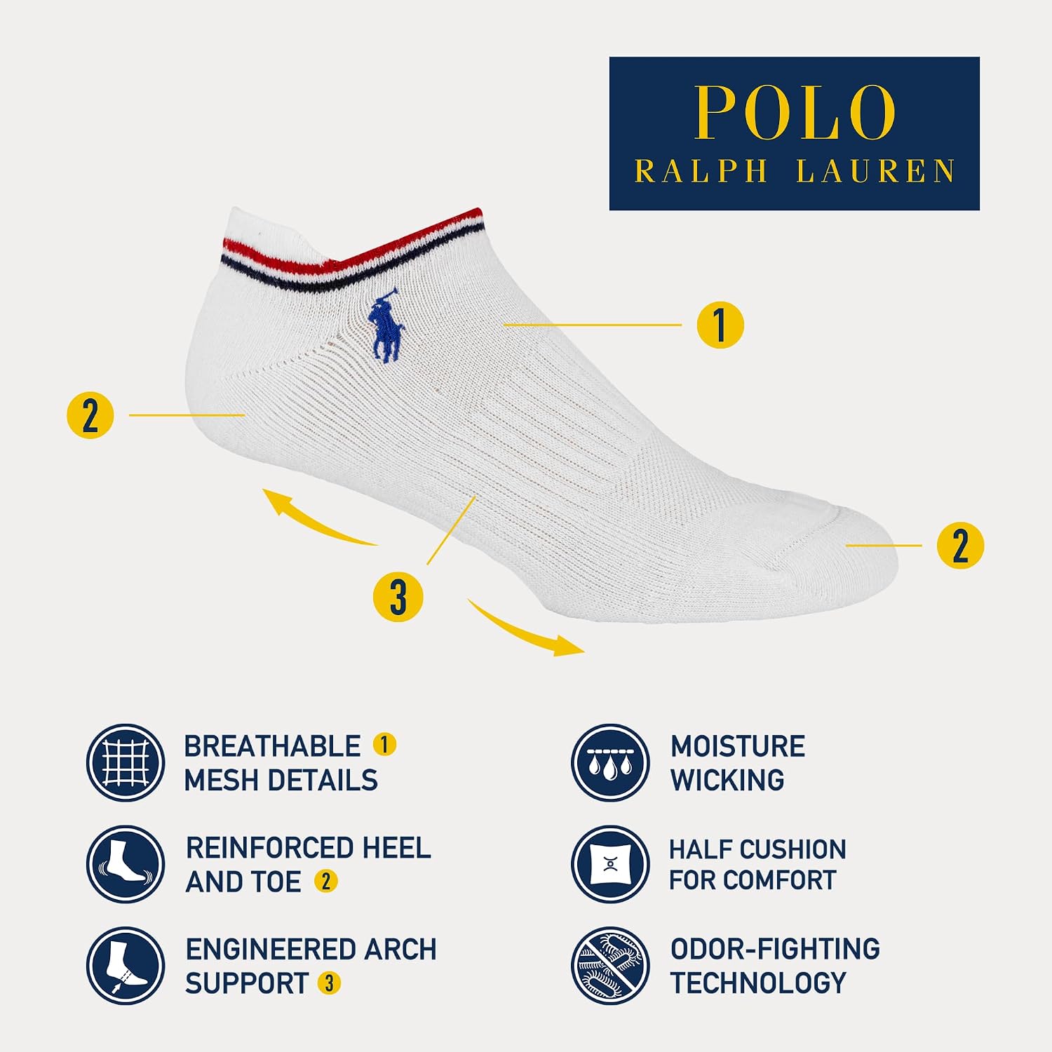 POLO RALPH LAUREN Men's Athletic Performance Cotton Low Cut Socks - 6 Pair Pack - Moisture Wicking Mesh