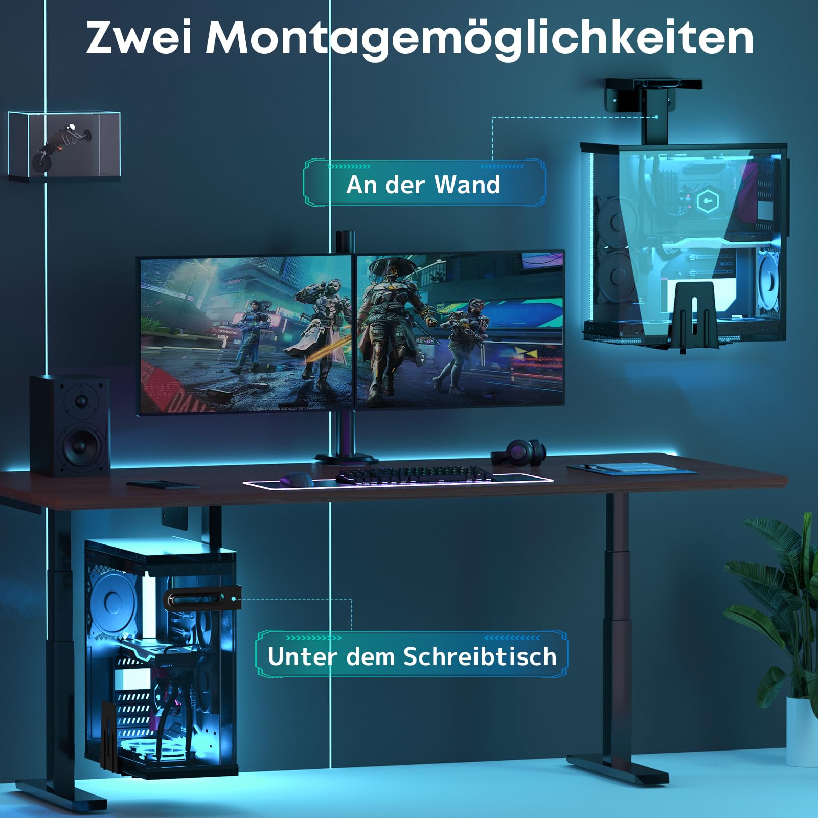 PC-Halterung unter Schreibtisch PC Wandhalterung für meisten Computergehäuse, Verstellbare Heavy Duty Computergehäuse-Halterung, 360° Drehbar, Hervorragende Luftzirkulation, bis 30 KG, Schwarz