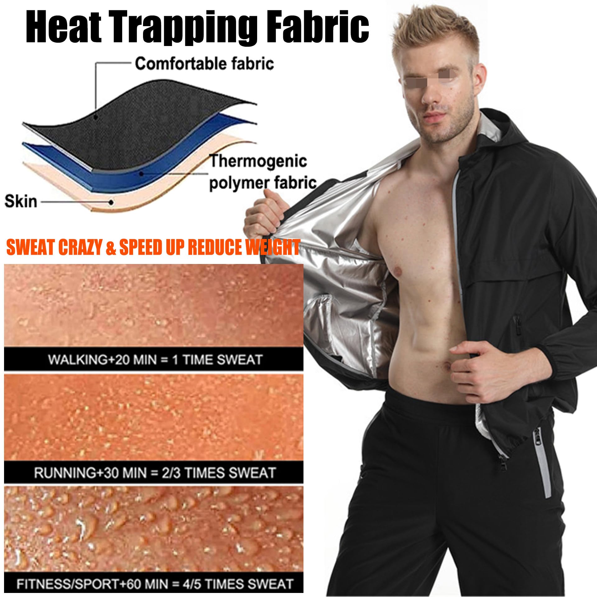 Saunaanzug Für Herren, Schwitzanzug Herren Zum Abnehmen, Sauna Suit - Fitness Schwitzjacke Und Hose Für Boxen MMA Gym Fitness Laufen