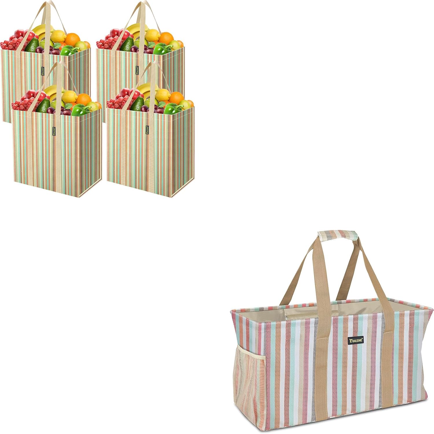 BALEINE 4 PK Grocery Bags Reusable Shopping Bags with Reinforced Bottom & Extra Large Utility Tote Bag with Reinforced Wire Frame