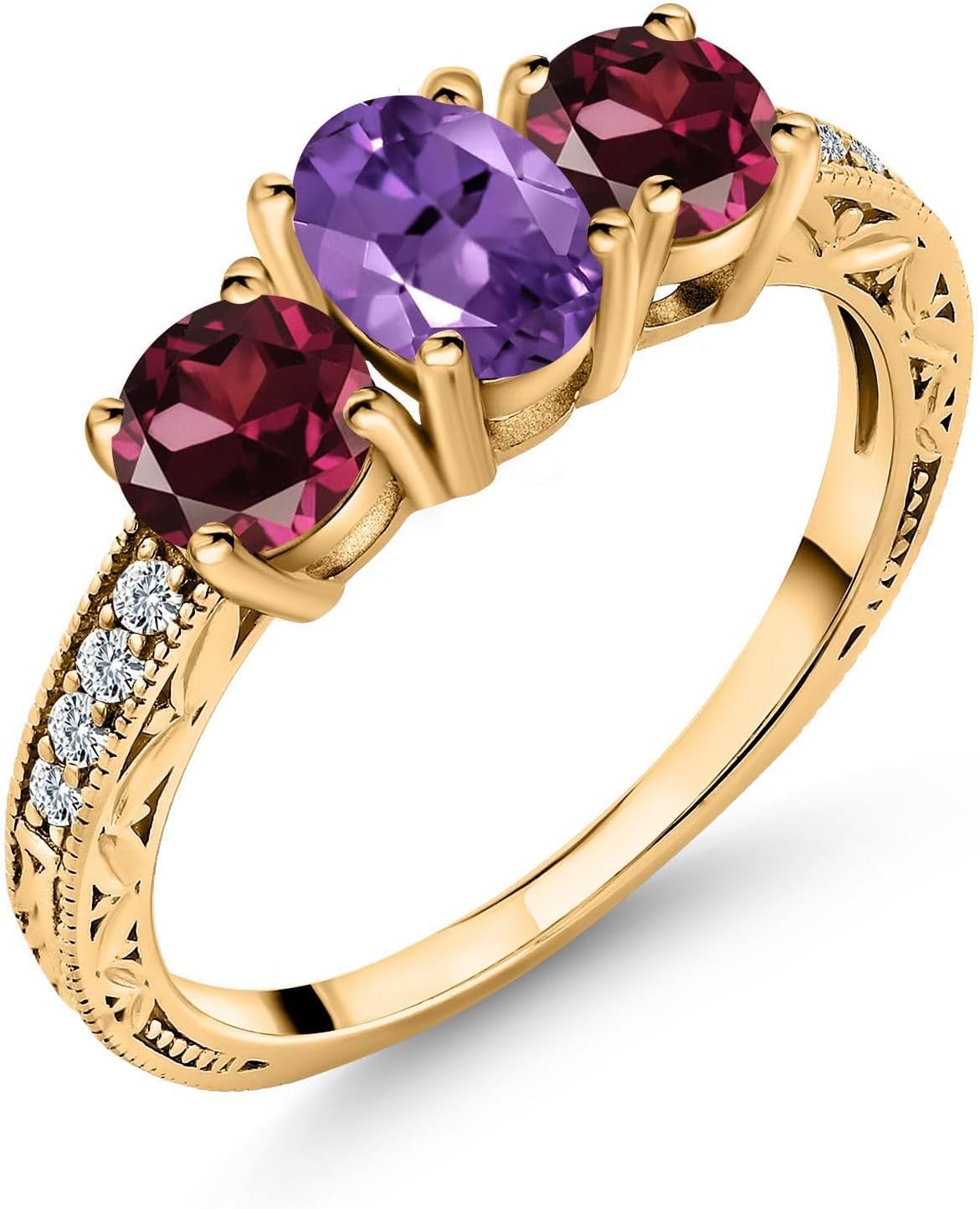 Gem Stone King 2.07 Ct Purple Amethyst Red Rhodolite Garnet 18K Yellow Gold Plated Silver Ring