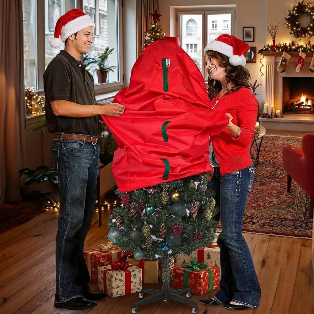 Upright Christmas Tree Storage Bag - Fits 7 Ft Artificial Xmas & Topiary Tree, Vertical Holiday Cover, Durable, Dustproof & Easy-Use Xmas Storage, Red 7 ft Red