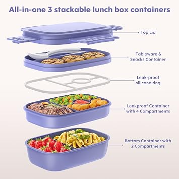 HOMETALL Stackable Bento Box for Adult Kids, Large Capacity 1900ml , Leak-Proof Lunchbox Containers with Utensil Set for Dining Out, Work, Picnic, School