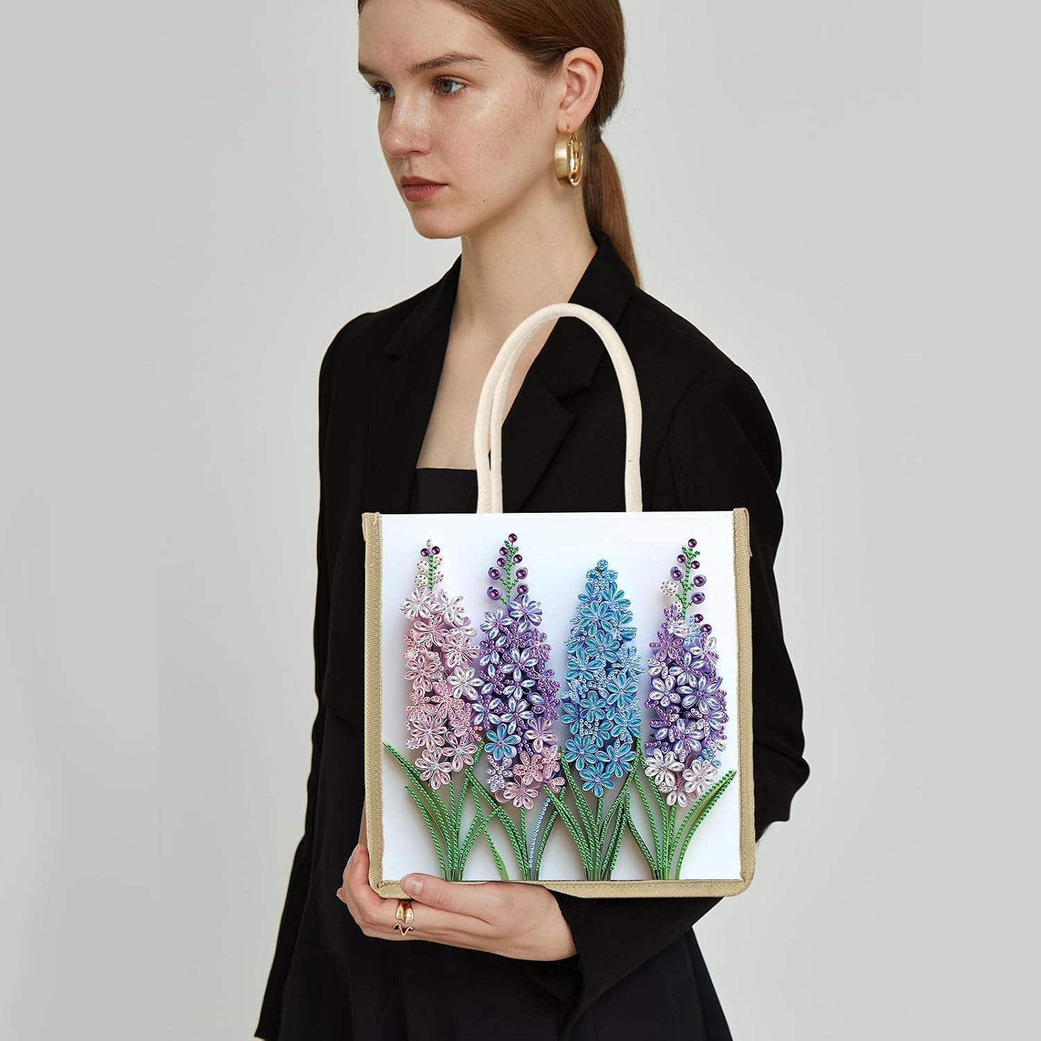 antor DIY Diamond Painting Canvas Tote Bag with Lavender Floral Design, Diamond Art Handbag for Adults, Craft Storage Bag, Crystal Art Diamond Painting Bag for Shopping, Travel, Daily Use