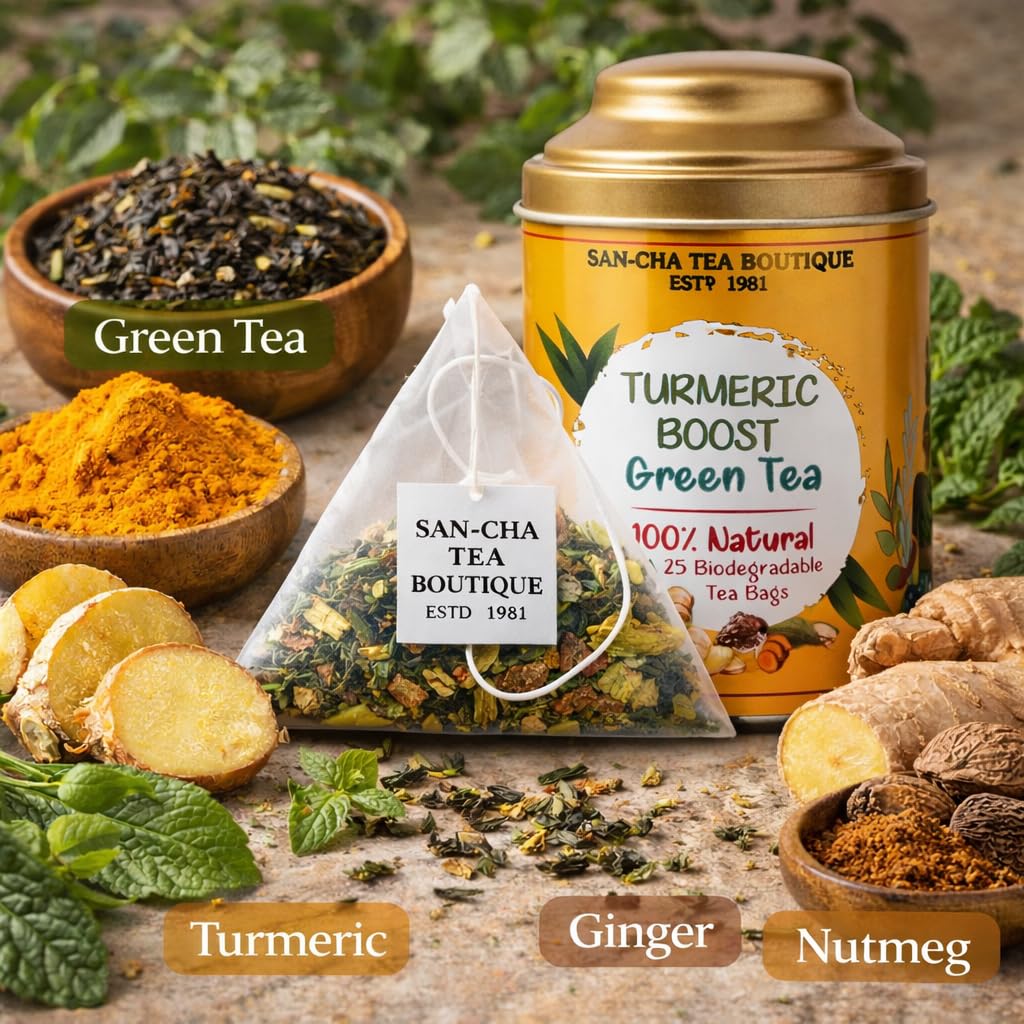 Sancha Tea Boutique Turmeric Boost Green Tea | Turmeric Ginger Green Tea with Nutmeg | 25 Biodegradable Pyramid Bags — Amazon image 2
