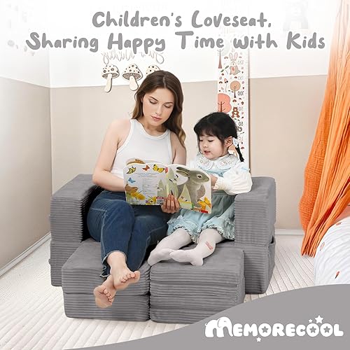 Miniatura 37 de MeMoreCool Sofá modular para niños, sofá convertible suave para niños, silla de espuma de felpa plegable gris para diversión en la sala de juegos de