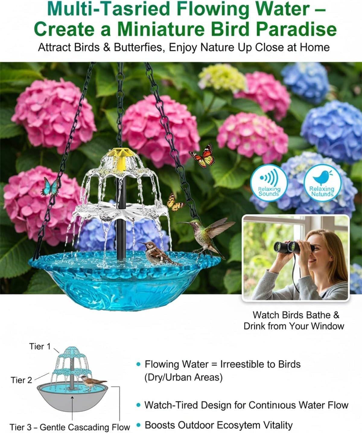 Cascade Solaire Suspendue Eagle Bath Fountain Heater Solaire alimenté Eadbath Colibri Fontaine d'eau Grande 3 Couches Pompe de Bain d'oiseau Bol en Verre pour Patio extérieur Cour (Gris)