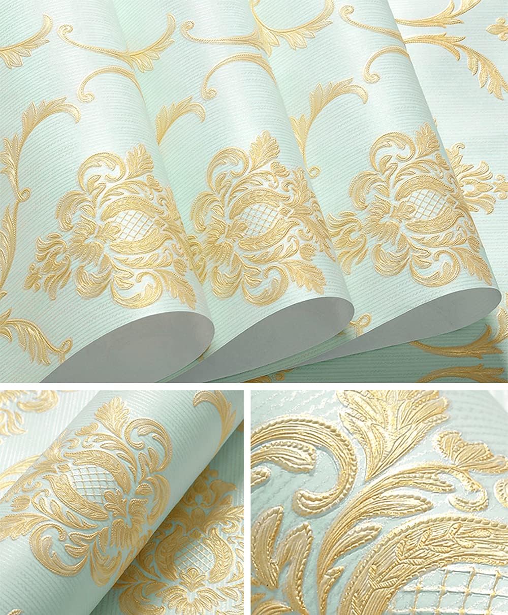 DAWEI 3D European Damask PVC Waterproof Wallpaper Bedroom Living Room TV Background Wall 1.73'W x 32.8'L Non-Pasted (Cyan)