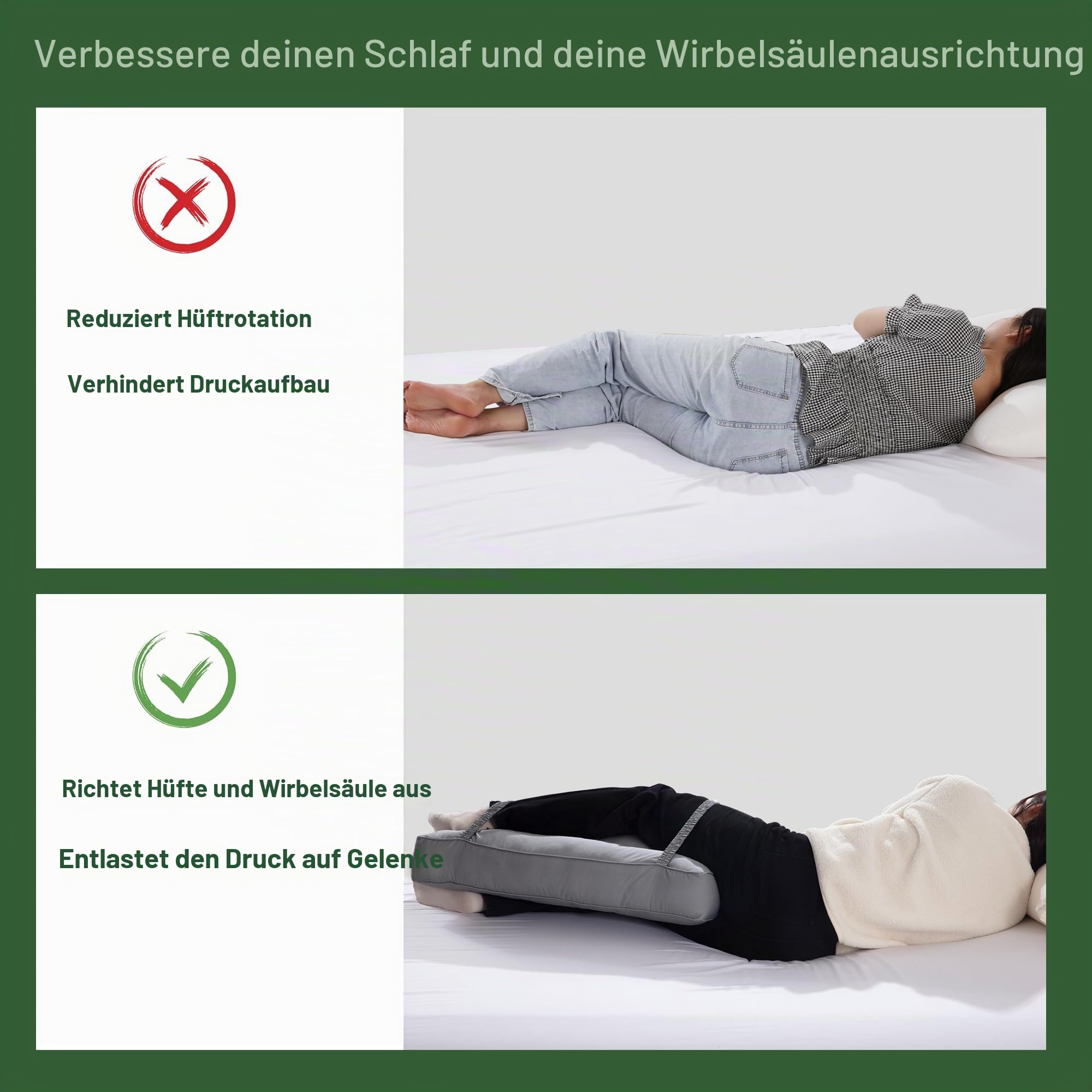 Kniekissen für Seitenschläfer, 10 cm hohes Baumwollkissen für die Beine zur Ausrichtung der Wirbelsäule und Entlastung von Druck, zur Anhebung von Hüfte und Beinen