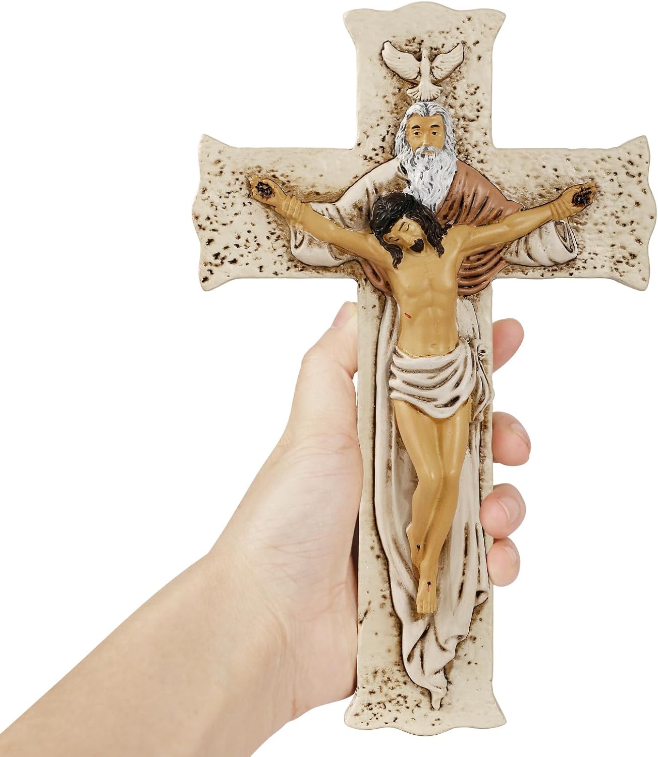 Crucifix Wall Cross - Catholic Holy Trinity Wall Decor with Hand-Painted Jesus Sculpture. Inspirational Home Décor and Devout Religious Gift