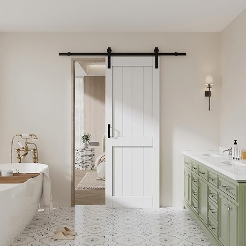 Kit de herrajes para puerta corrediza de granero de 30 x 84 pulgadas, incluye puertas de MDF cubiertas con superficie de PVC resistente al agua,