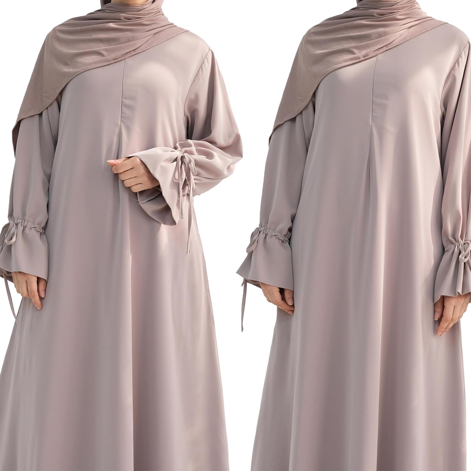 Tie Cuffs Dress Solid Color Abaya for Women Front Zipper Robe with Pocket Daily Islamic Prayer Clothes