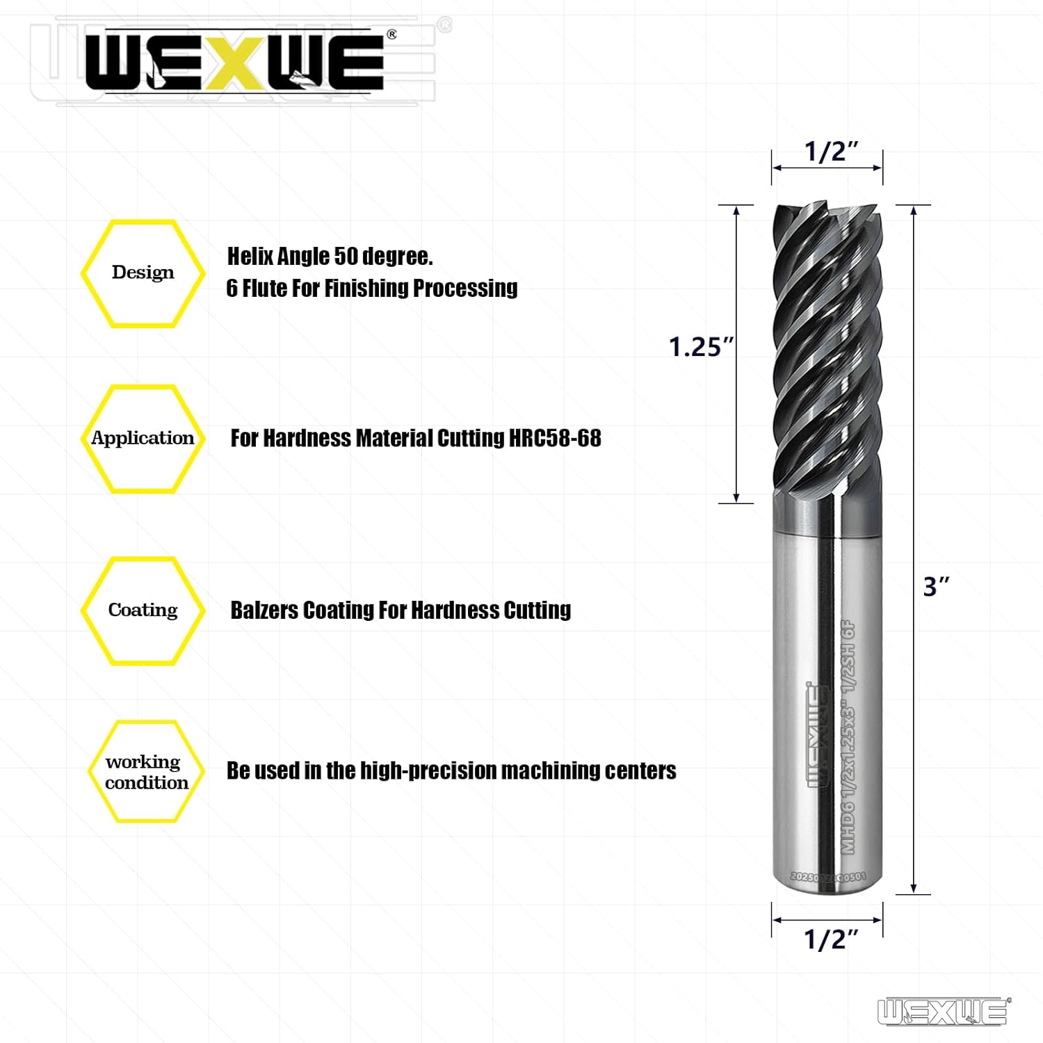 Tools Carbide End Mills,6 Flute Square Milling Cutter，High Helix Angle for High Hardness Steel Finshing Milling Processing - 1/2 Shank (1/2-3" 1PCS)