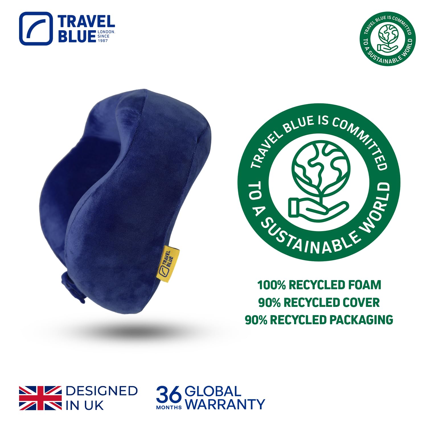 Travel Blue Coussin de Voyage en Mousse à Mémoire de Forme - Oreiller Ergonomique et Léger pour Le Cou - Ajustable Coussin pour Avion, Voiture et Bureau - Support pour Tête, Cou et Colonne (Navy)