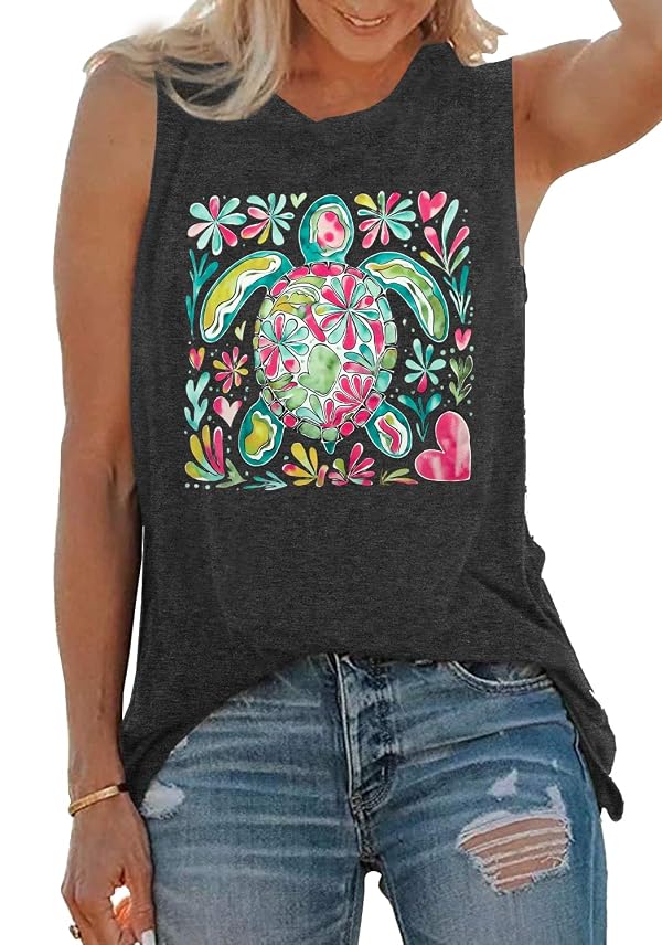 Summer Beach Tank Tops Women Beach Shirts Boho Floral Turtle and Seashell Tanks Family Cruise Sleeveless Vacation Vest by ASTANFY - Used condition - Image 2