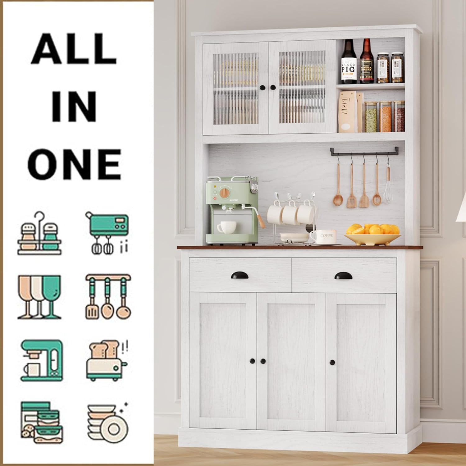 Garvee Dispensa da cucina con cassetti e ripiani regolabili, altezza 180,3 cm, mobiletto autoportante per bar, cucina, sala da pranzo, bianco