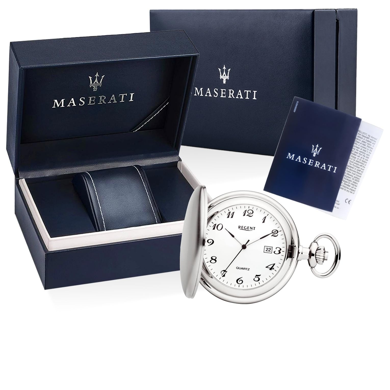 REGENT Herren Taschenuhr Savonnette Klappdeckel 47 MM Quarz Weißes Zifferblatt Arabische Zahlen Datum