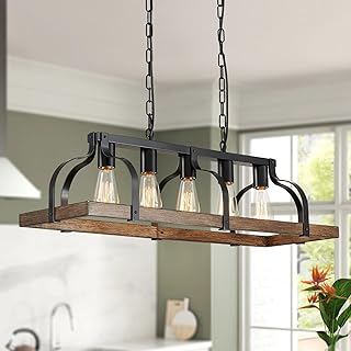 WUZUPS 5-Light Metal Chandelier Imitation Wood Grain Linear Pendant Ceiling Lighting Rustic Farmhouse Fixture Kitchen Island Dining Room, H 8.5" L 31.5" W10, E26 Base, Black & Retro Wood