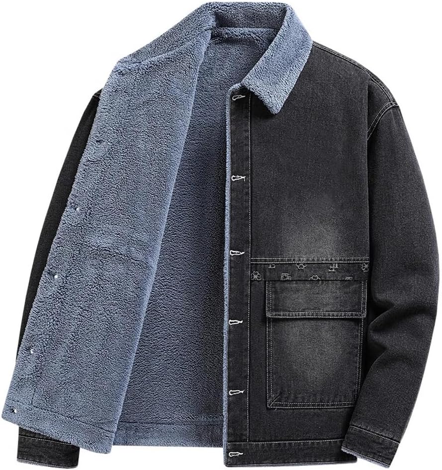 Winter men's Denim Jacket with Added Velvet Thickened Lamb Lapel Casual