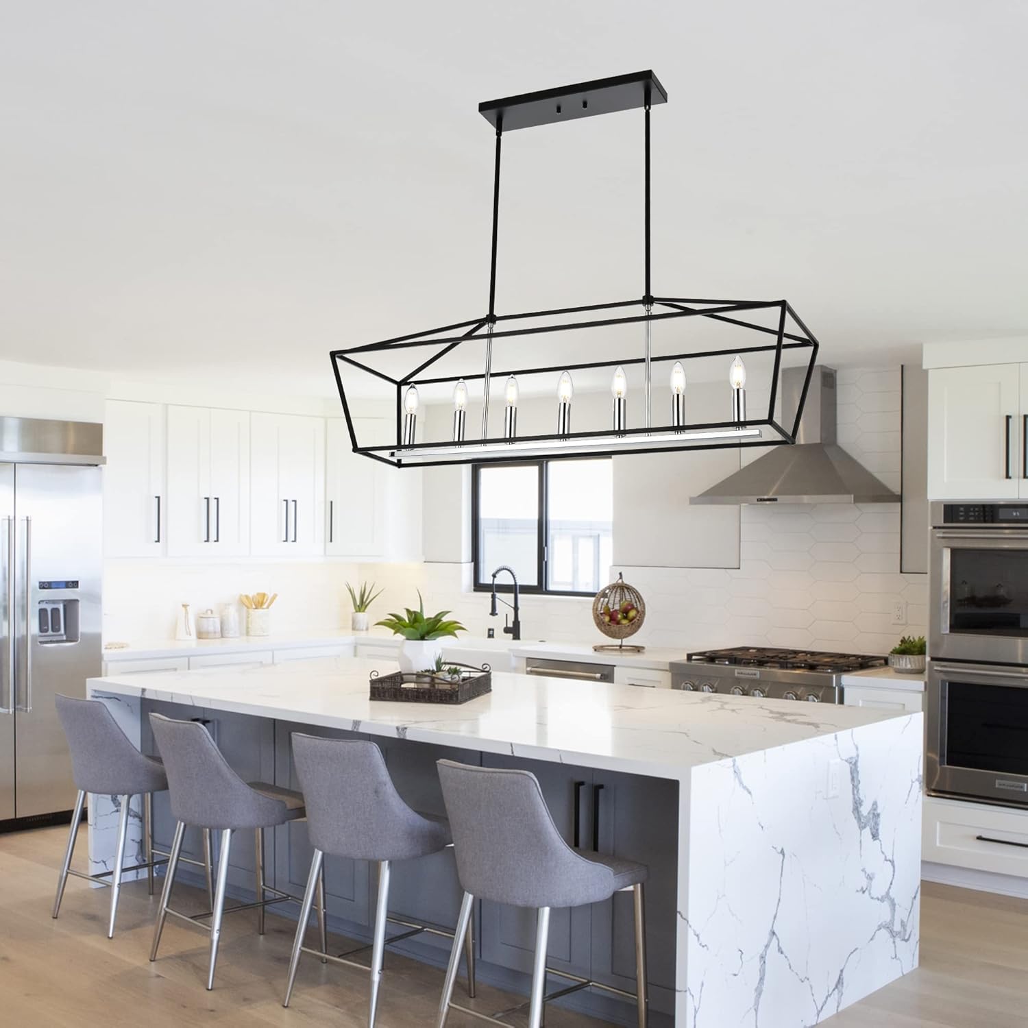 MELUCEE 7-Light Rustic Linear Chandelier, 58'' Height Adjustable Farmhouse Kitchen Island Pendant Lighting Fixture Black and Chrome Finish, Large Rectangle Dinning Room Light Over Table